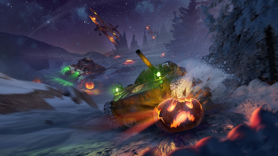 War Thunder: a tank with a carved pumpkin on its hull races through a snowy night forest while aircraft fly overhead