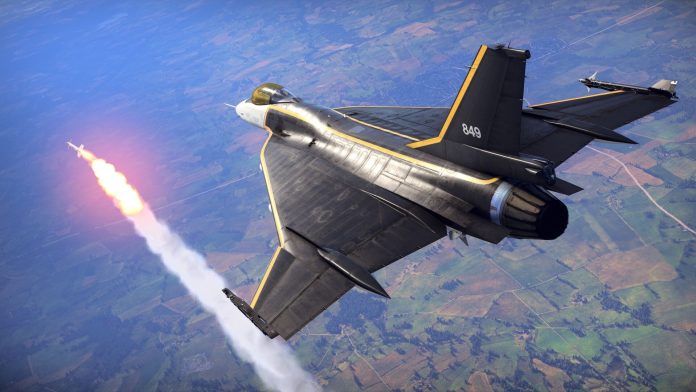 A dark jet banking over green farmland with a missile and its smoke trail streaking away to the left in War Thunder