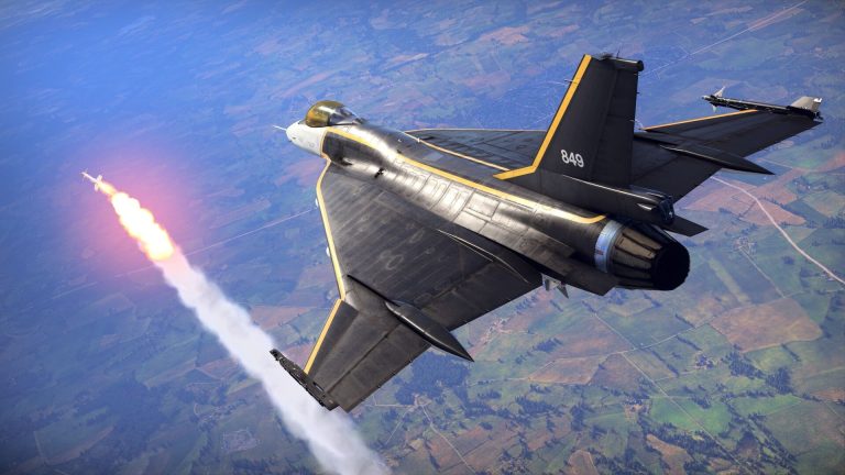 A dark jet banking over green farmland with a missile and its smoke trail streaking away to the left in War Thunder