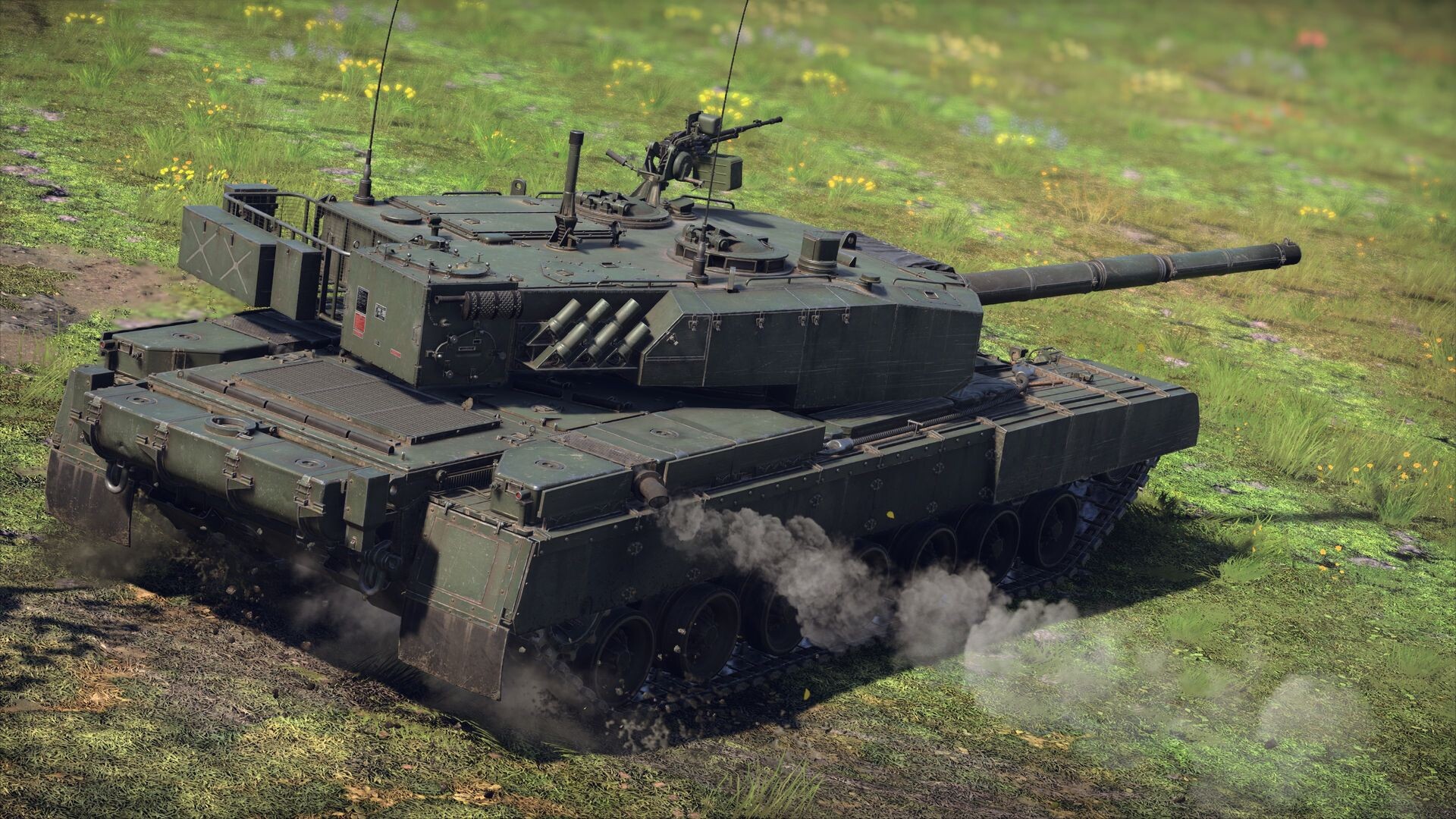 A green main battle tank with a bank of roof-mounted launcher tubes kicking up smoke across a flower-dotted meadow in War Thunder.