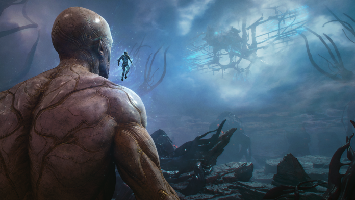 A hulking figure looks out over a blue alien landscape as a small figure floats toward a vast tangled structure in Warframe