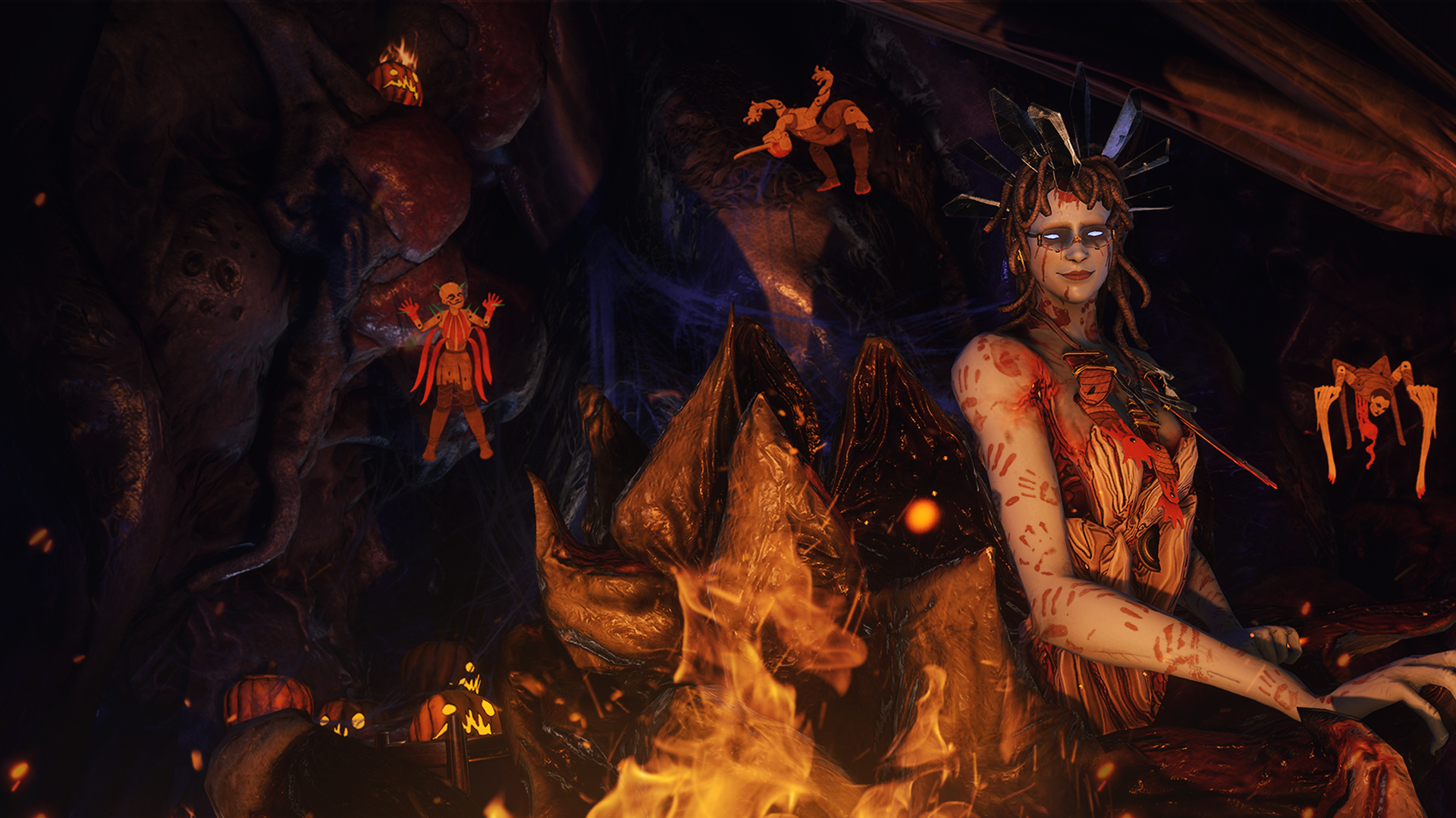 Daughter sits by a fire in a dark cavern surrounded by Halloween decorations for Warframe's Nights of Naberus