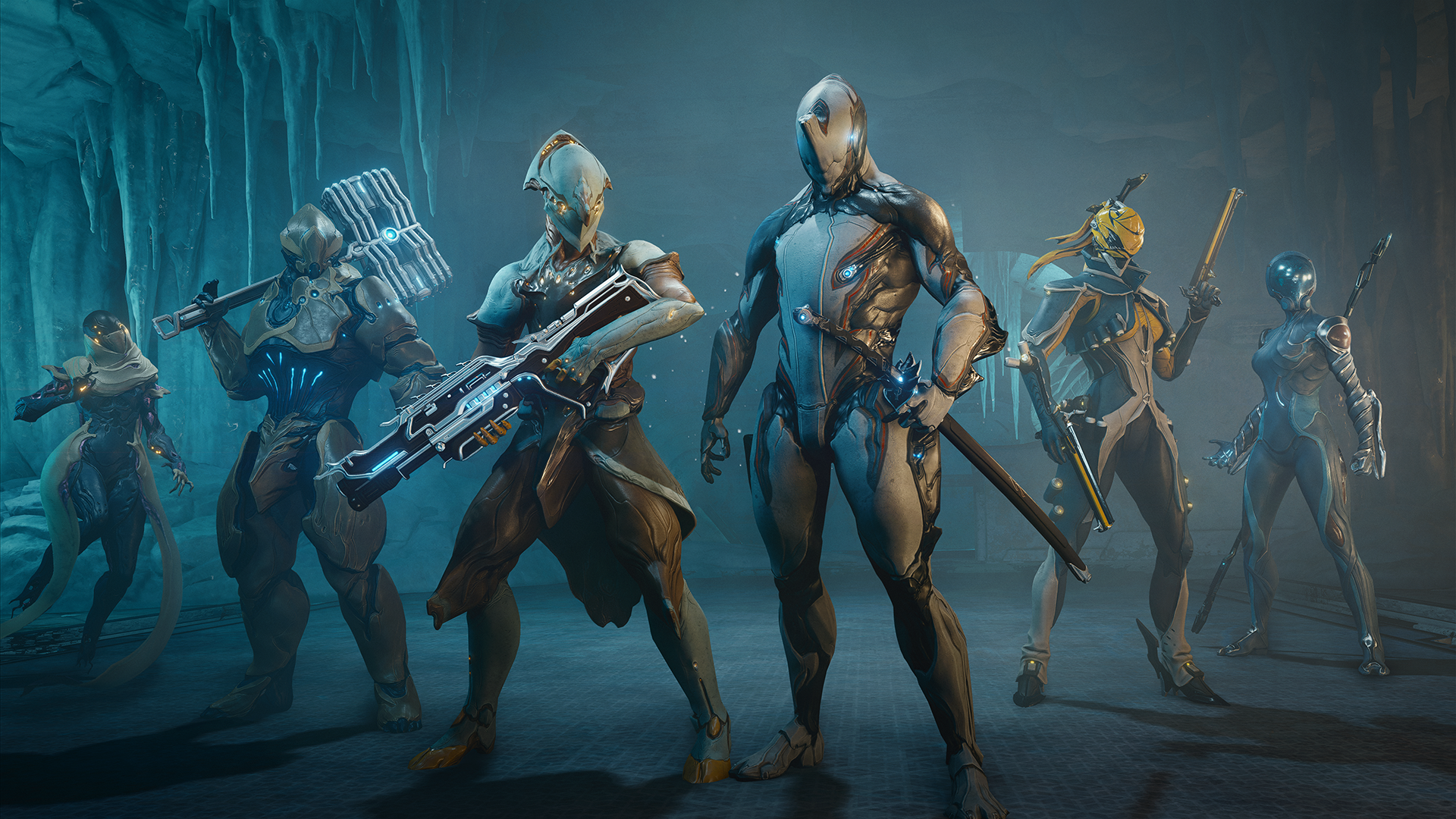 Six Warframes stand ready with weapons in an icy cavern for The Icebind game mode