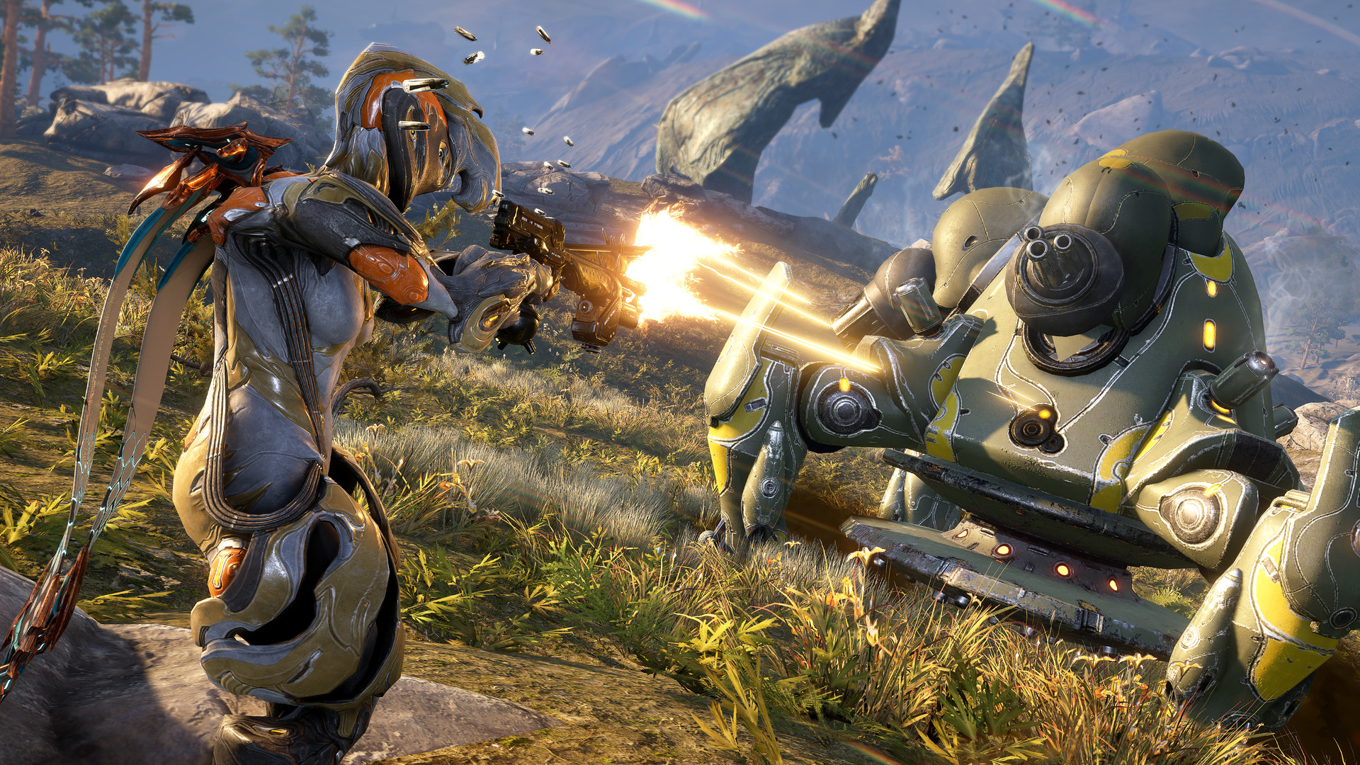 Warframe: a Tenno fires a pistol at a green four-legged walker on a grassy hillside