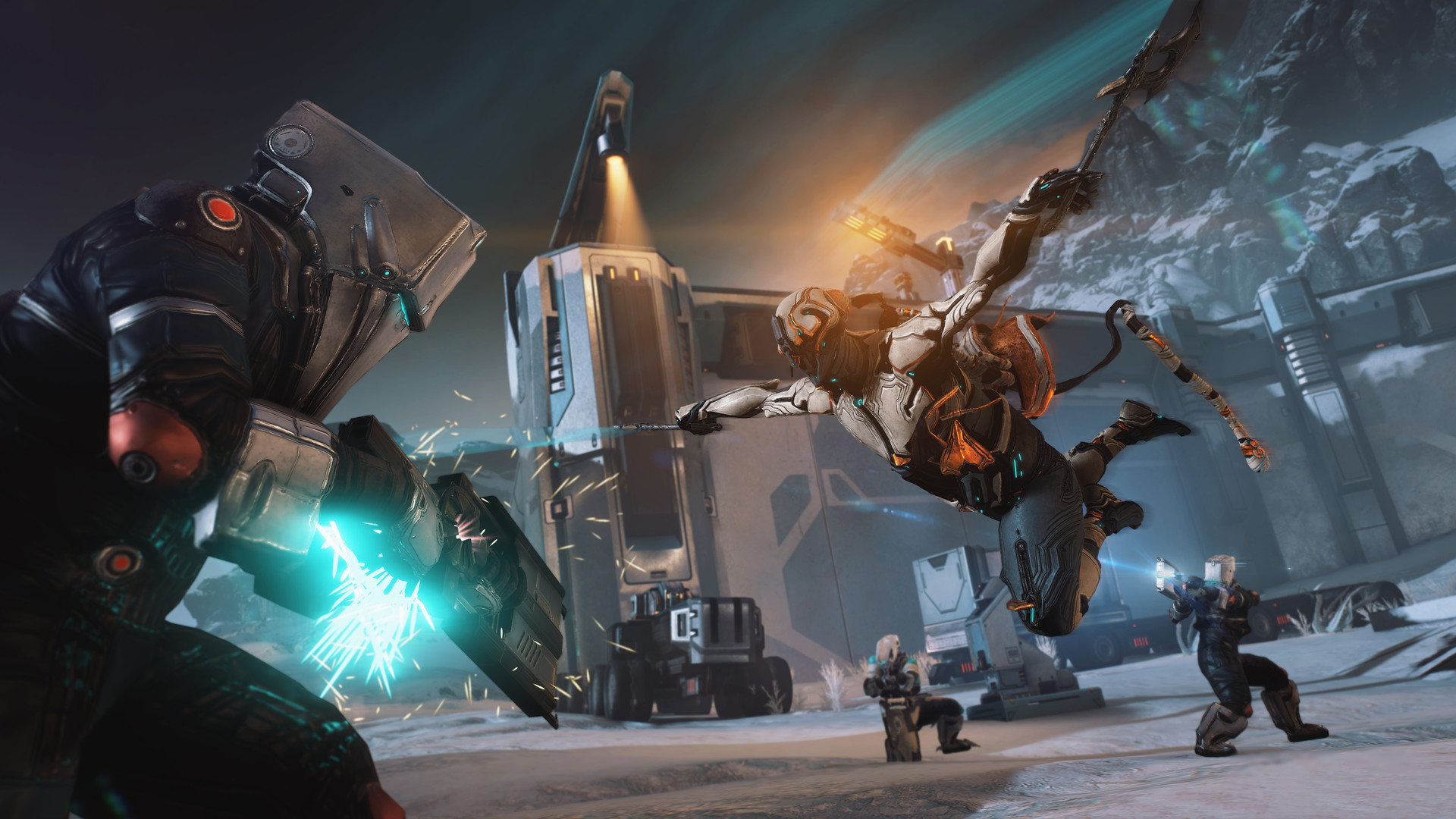 Warframe: a Tenno in pale armour leaps through the air, spear-like weapon raised, at a shielded soldier in a snowy industrial base