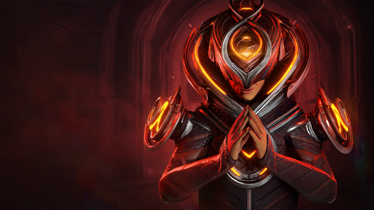 Artwork from Digital Extremes' Steam post: a figure in red and silver armour with glowing orange trim, hands pressed together, against a dark red corridor