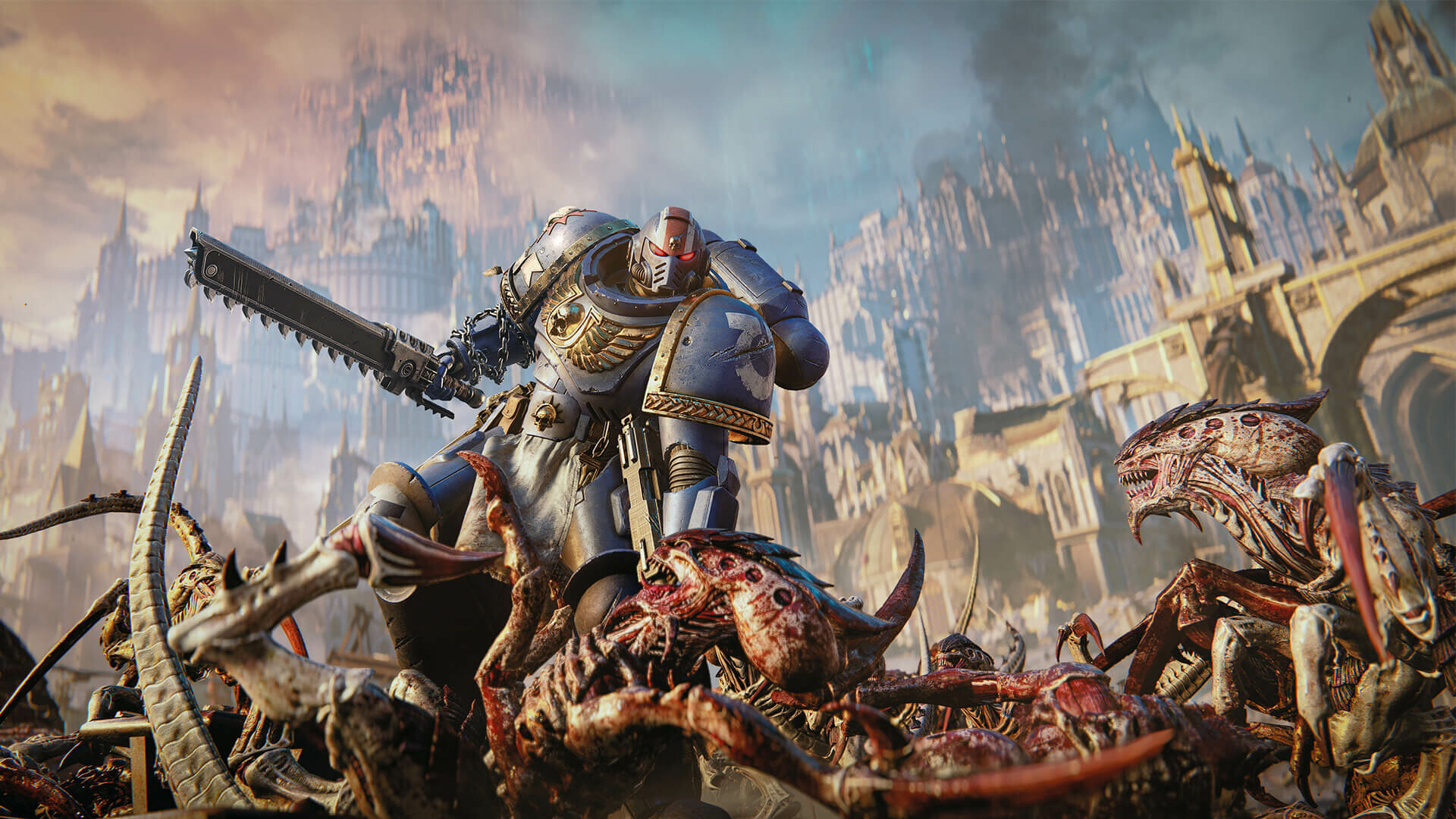 A Space Marine with a chainsword stands over slain Tyranids before a towering gothic city