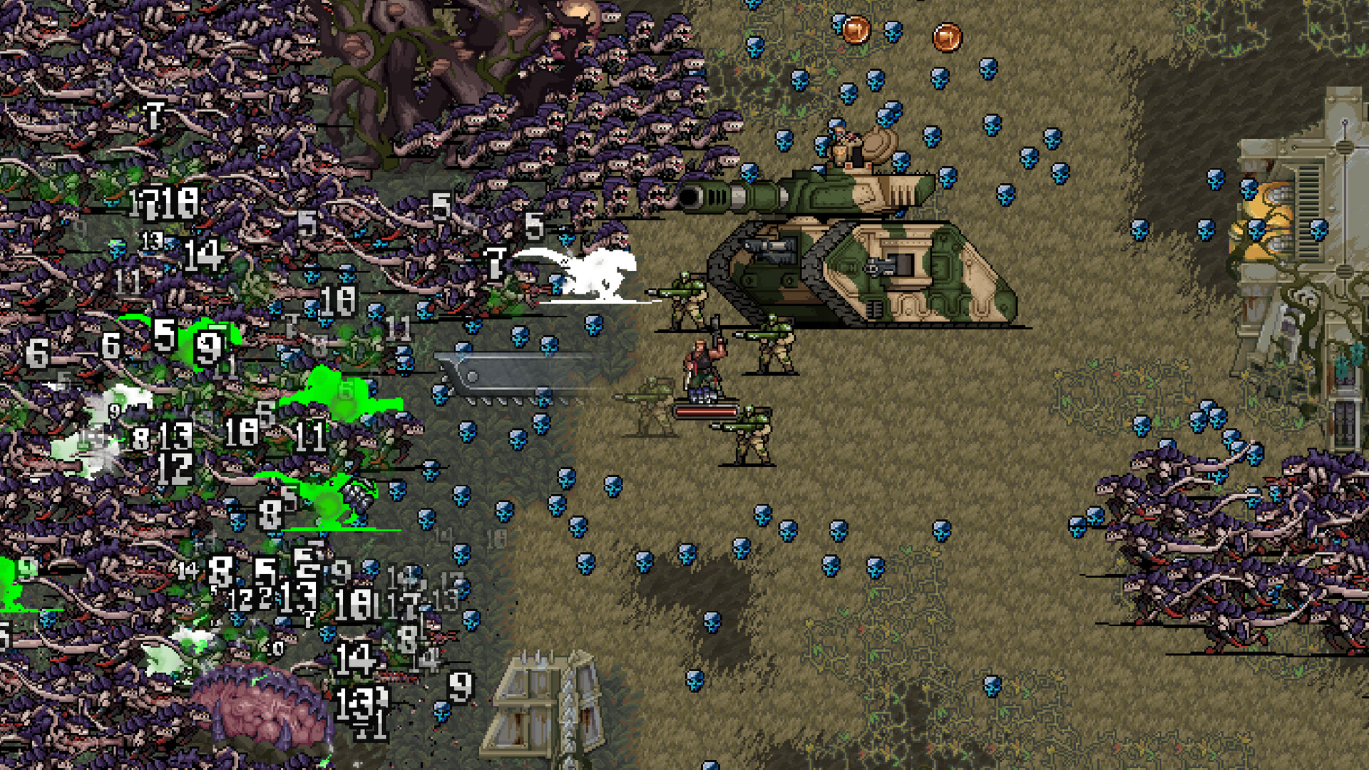 In pixel art, a hero with a chainsword stands beside a Leman Russ tank and Guardsmen firing at a dense swarm of purple Tyranids, with blue skulls and damage numbers scattered across the ground