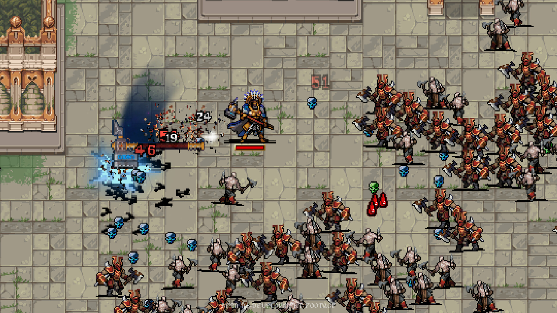 In pixel art, a gold-armoured champion with a feathered crest swings a hammer at red-armoured axe-wielding foes crowding a stone courtyard, with a small beta in-development footage notice at the bottom
