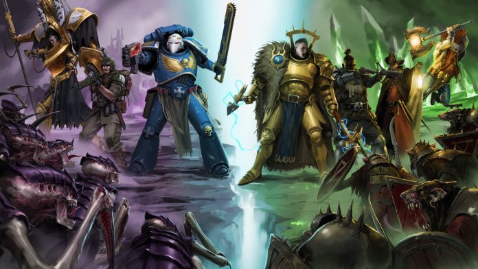 Warhammer 40,000 and Age of Sigmar champions, including a blue-armoured Space Marine with a chainsword and a gold-armoured warrior with lightning, face Tyranids on the left and Skaven on the right