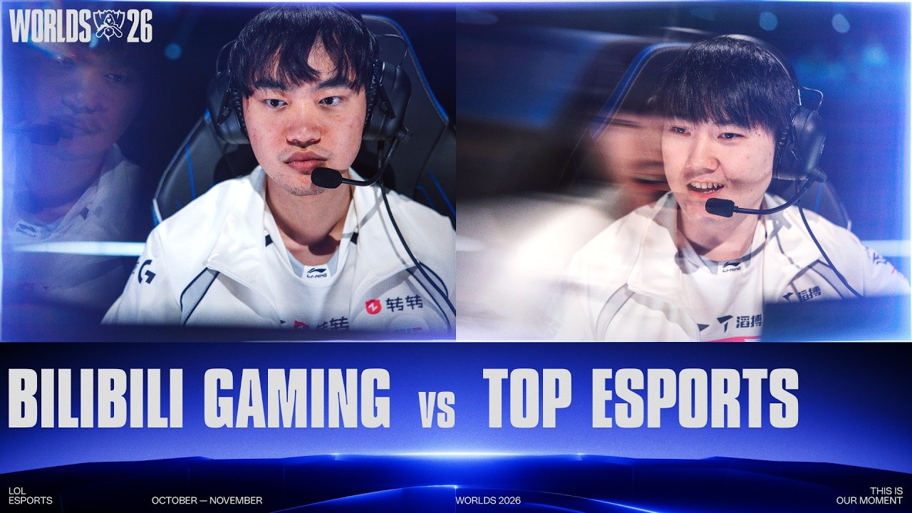 Worlds 2026 match graphic for Bilibili Gaming versus Top Esports, with a player from each team at their desks