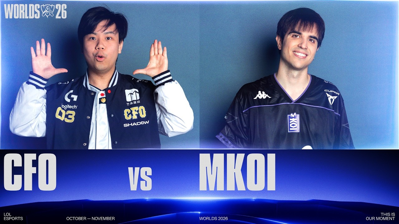 LoL Esports Worlds 2026 match graphic with a CTBC Flying Oyster player on the left and a Movistar KOI player on the right, over the text CFO vs MKOI.
