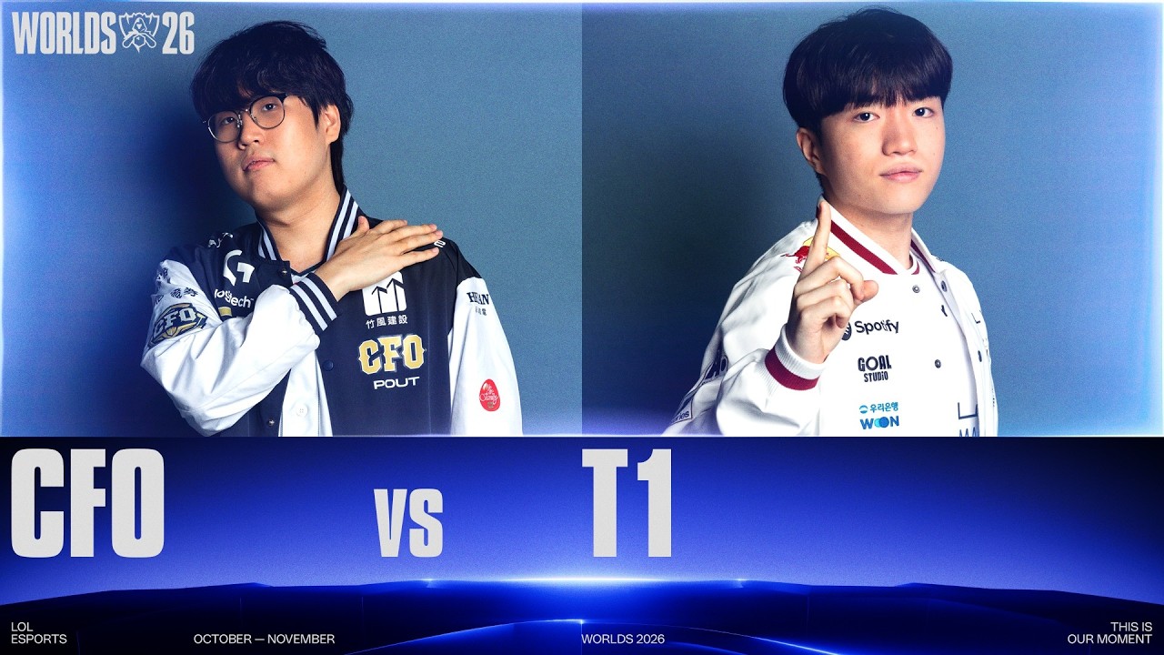 Worlds 2026 match graphic reading CFO vs T1, with a player from each team in team jackets.