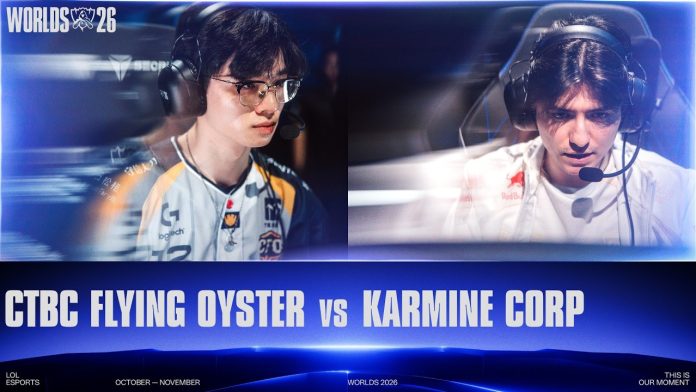 Worlds 2026 CTBC Flying Oyster vs Karmine Corp match graphic. Image: LoL Esports Worlds 2026 match graphic for CTBC Flying Oyster versus Karmine Corp, with a player from each team at their desks