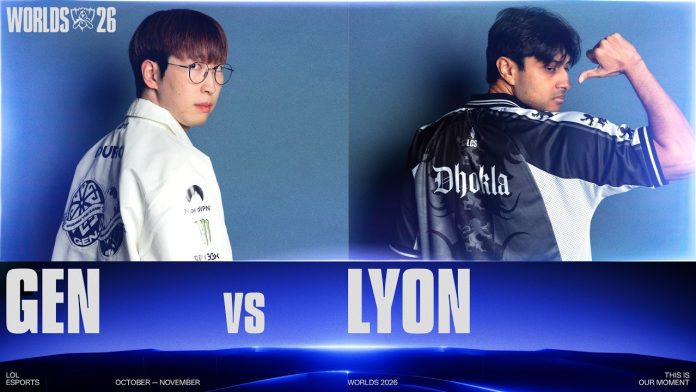 Worlds 2026 match graphic reading GEN vs LYON, with a player from each team in team jackets.