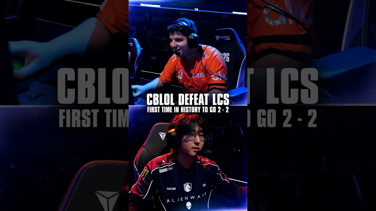 Two players at their stations under the words CBLOL defeat LCS, first time in history to go 2-2