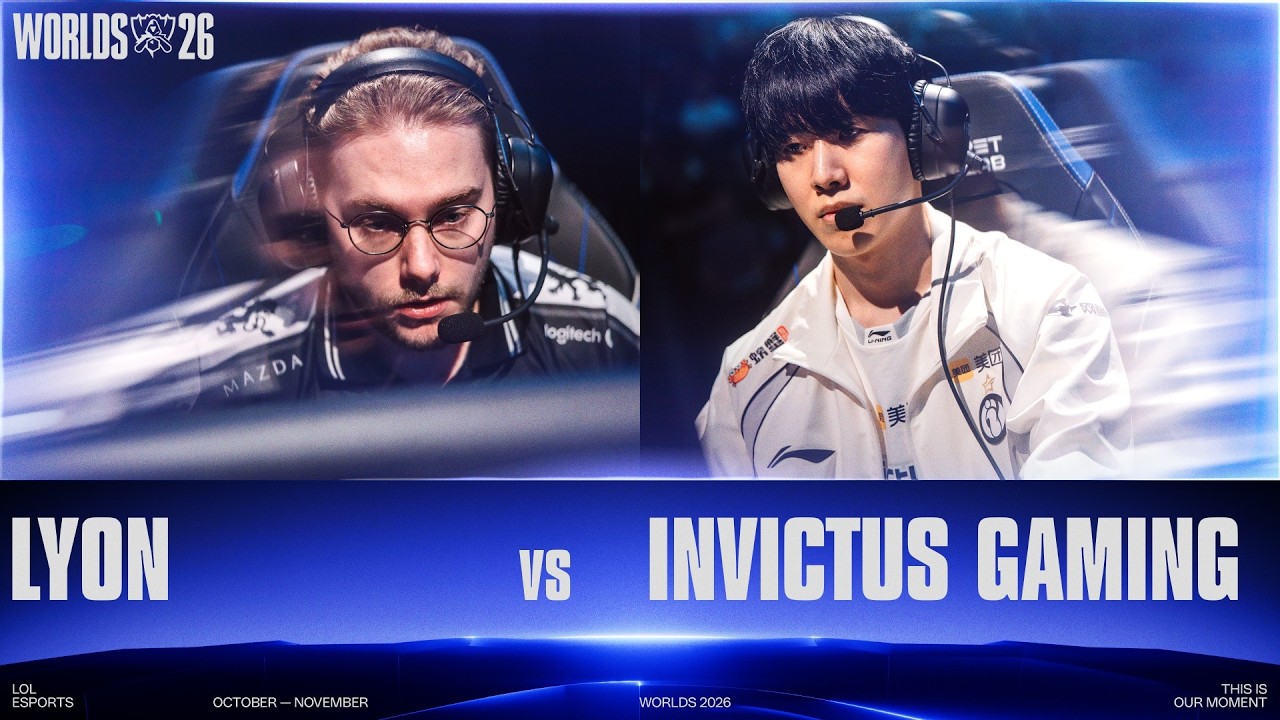 Worlds 2026 match graphic for LYON versus Invictus Gaming, with a player from each team at their desks