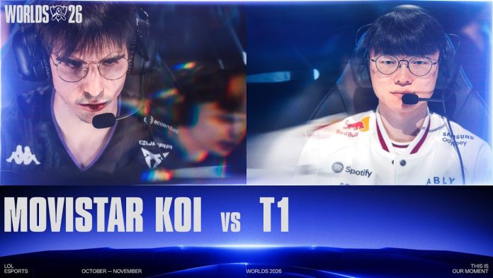 Worlds 2026 match graphic for Movistar KOI versus T1, with a player from each team at their desks