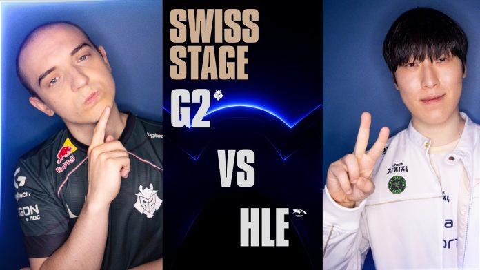 A G2 Esports player and a Hanwha Life Esports player either side of Swiss Stage G2 vs HLE text