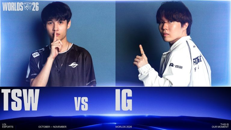 LoL Esports Worlds 2026 match graphic with a Team Secret Whales player on the left and an Invictus Gaming player on the right, over the text TSW vs IG