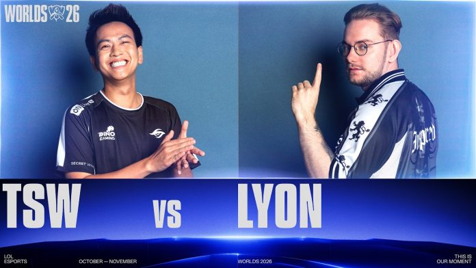 Worlds 2026 broadcast graphic for Team Secret Whales against LYON, with a smiling Team Secret Whales player in a black jersey on the left and a LYON player in glasses pointing upward on the right, over the text TSW vs LYON.