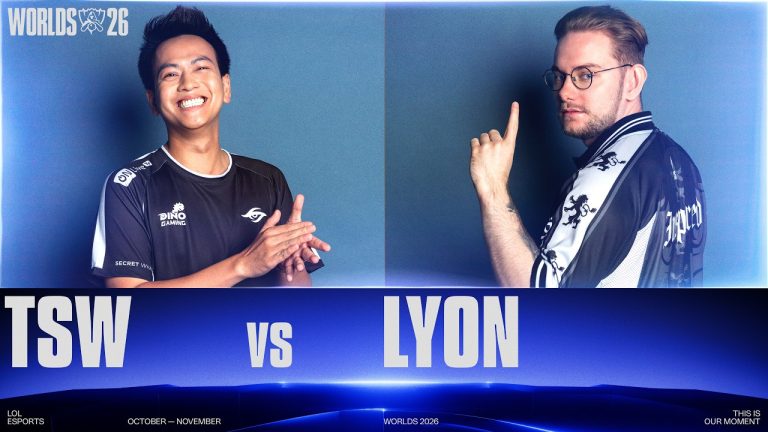 Worlds 2026 broadcast graphic for Team Secret Whales against LYON, with a smiling Team Secret Whales player in a black jersey on the left and a LYON player in glasses pointing upward on the right, over the text TSW vs LYON.
