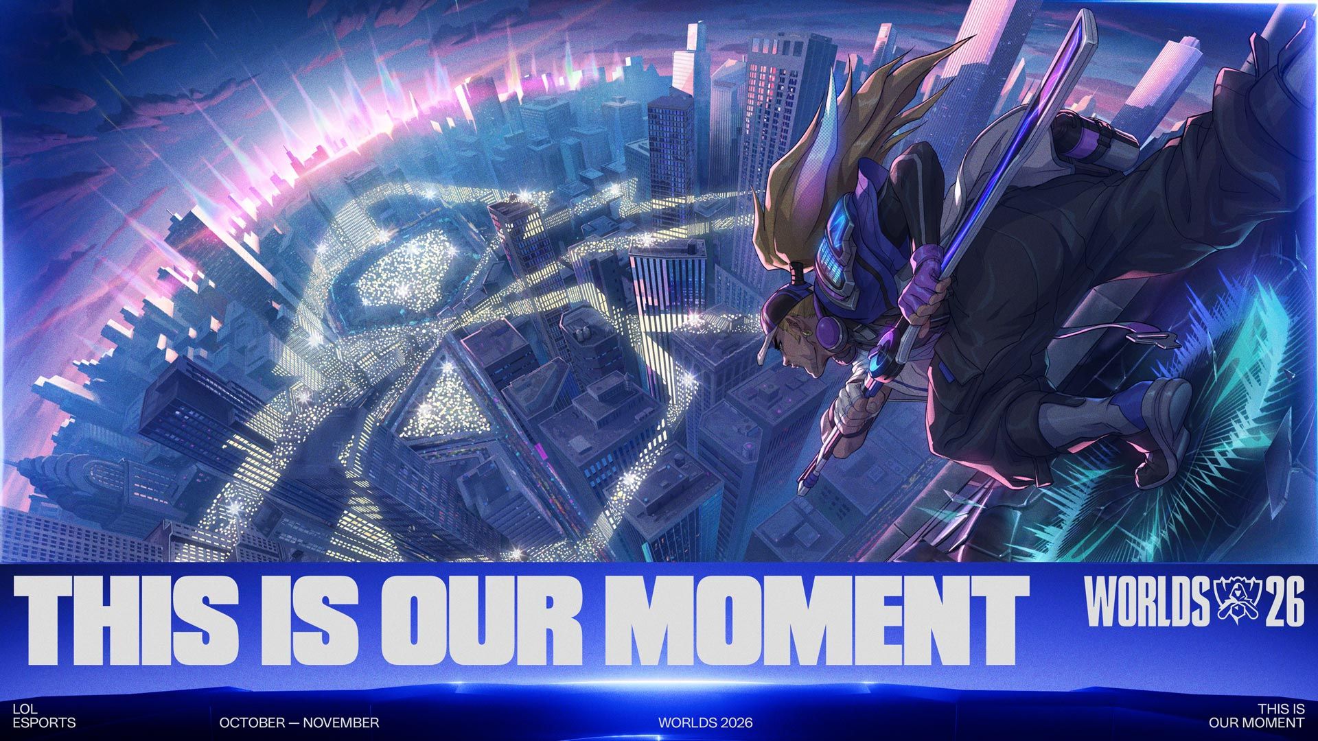 A figure with a staff leaps over a city lit by a crowd of lights, above the words This Is Our Moment and the Worlds 2026 logo