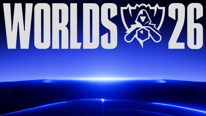 The Worlds 26 logo in white capital letters beside the League of Legends world championship emblem, over a blue gradient