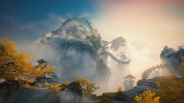 A cliff-top ruin with a looping stone bridge rising through clouds above golden ginkgo trees, in Wuthering Waves.