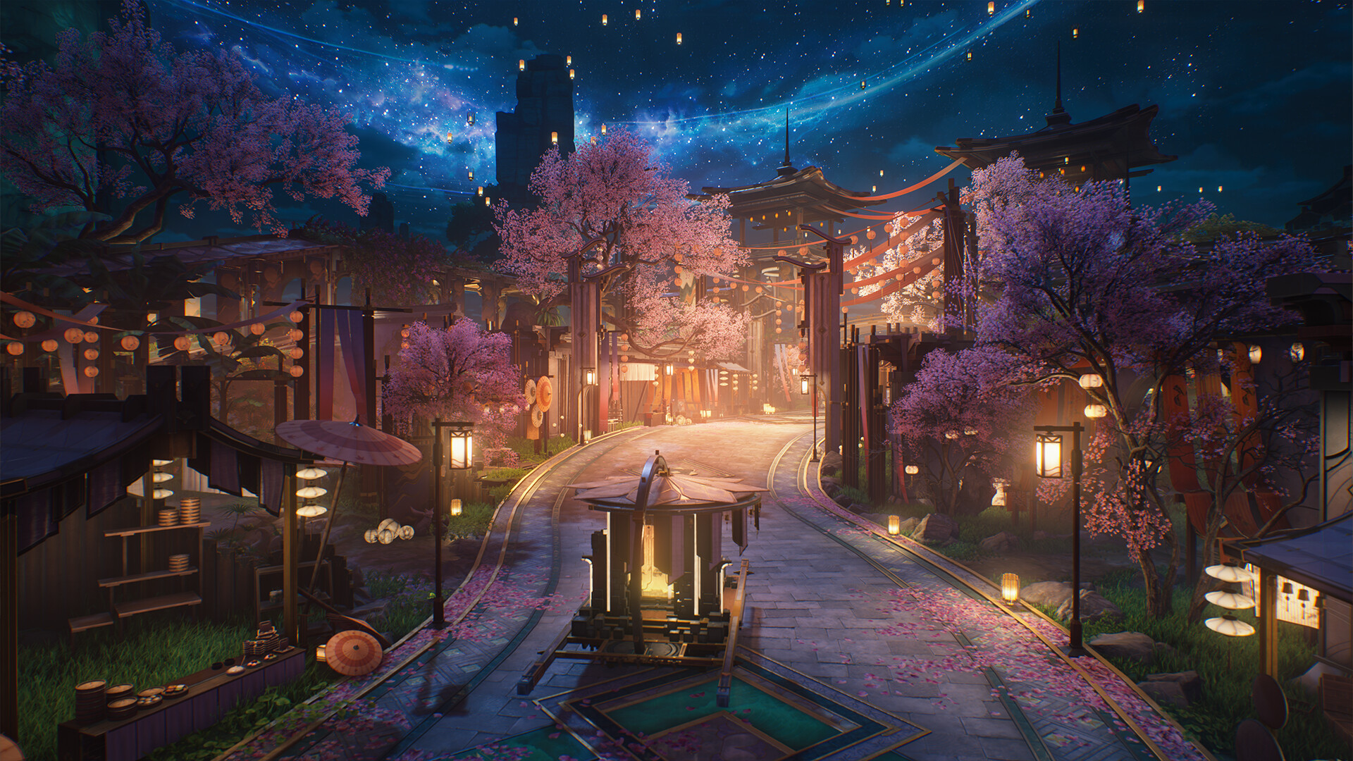A lantern-lit street under blossoming pink trees and a starry night sky, in Wuthering Waves.