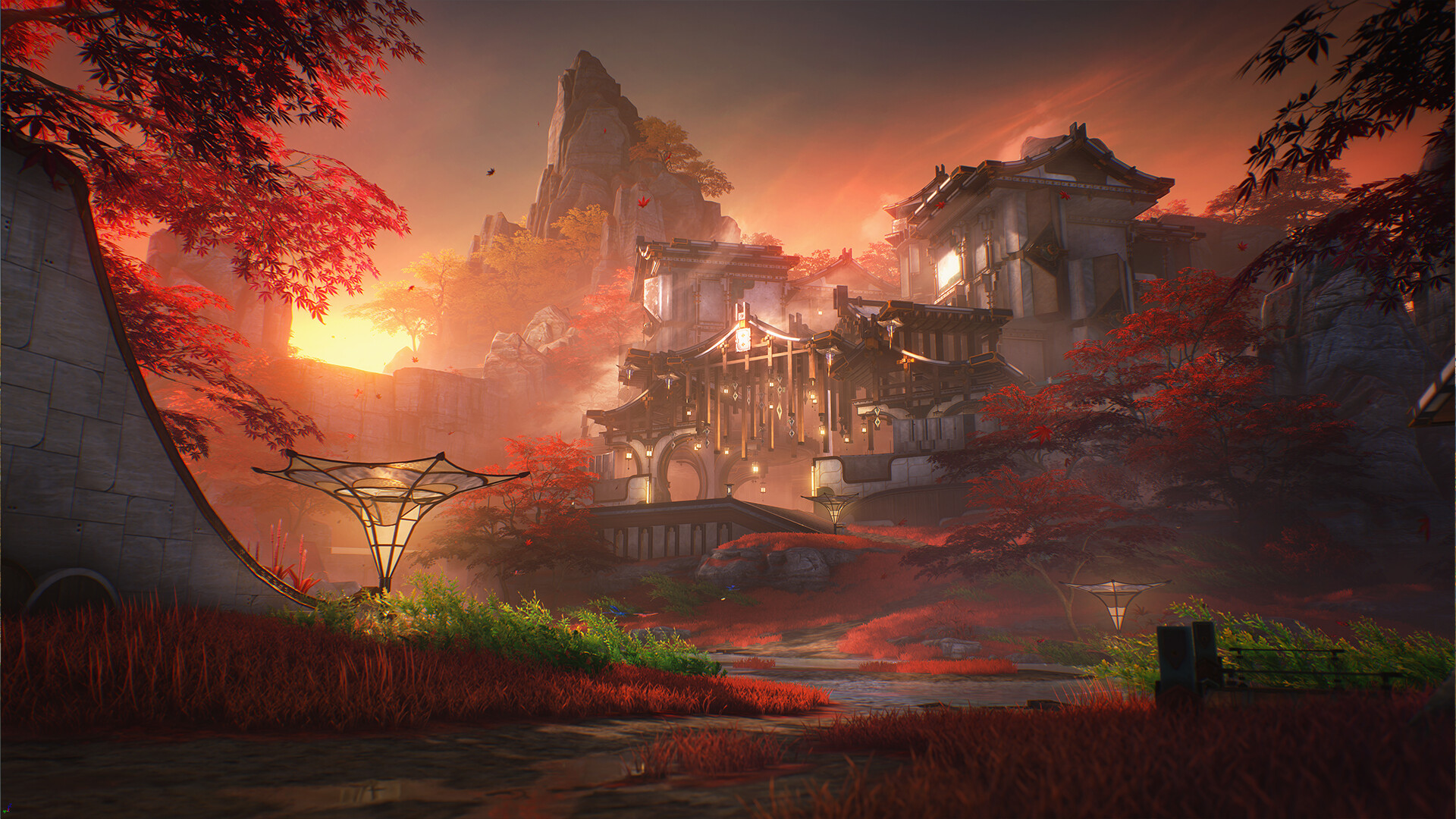 A walled hillside town with tiered roofs glowing in sunset light beneath red maple leaves, in Wuthering Waves.