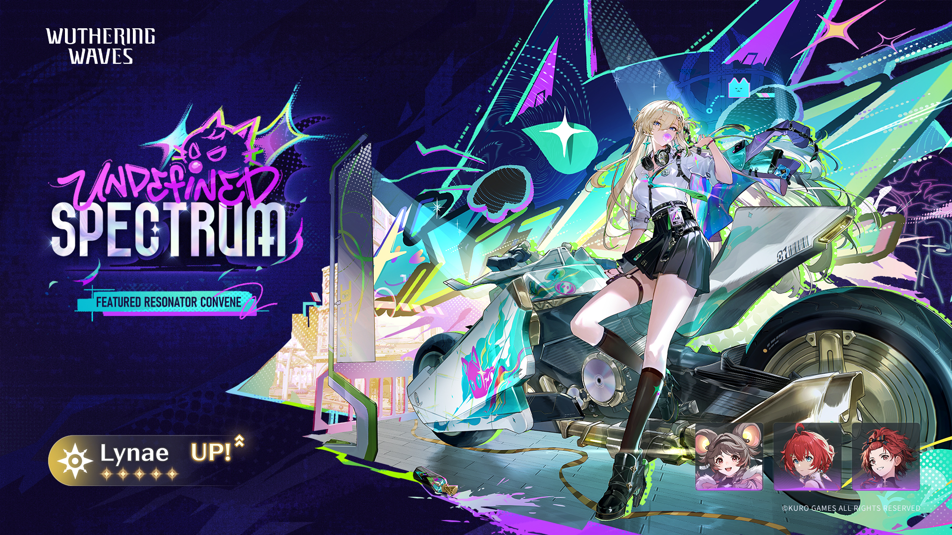 Wuthering Waves banner titled Undefined Spectrum, Featured Resonator Convene, showing Lynae leaning on a motorbike with the text Lynae UP.