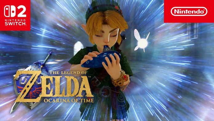 Link plays the blue ocarina beside a fairy over The Legend of Zelda: Ocarina of Time logo with the Nintendo Switch 2 badge
