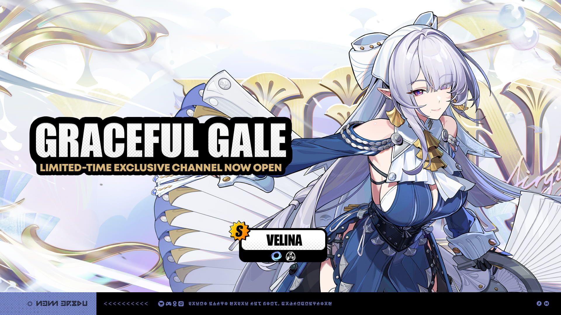 Zenless Zone Zero: key art for the "Graceful Gale" Signal Search, showing the S-Rank Agent Velina in blue and white with a folding fan.