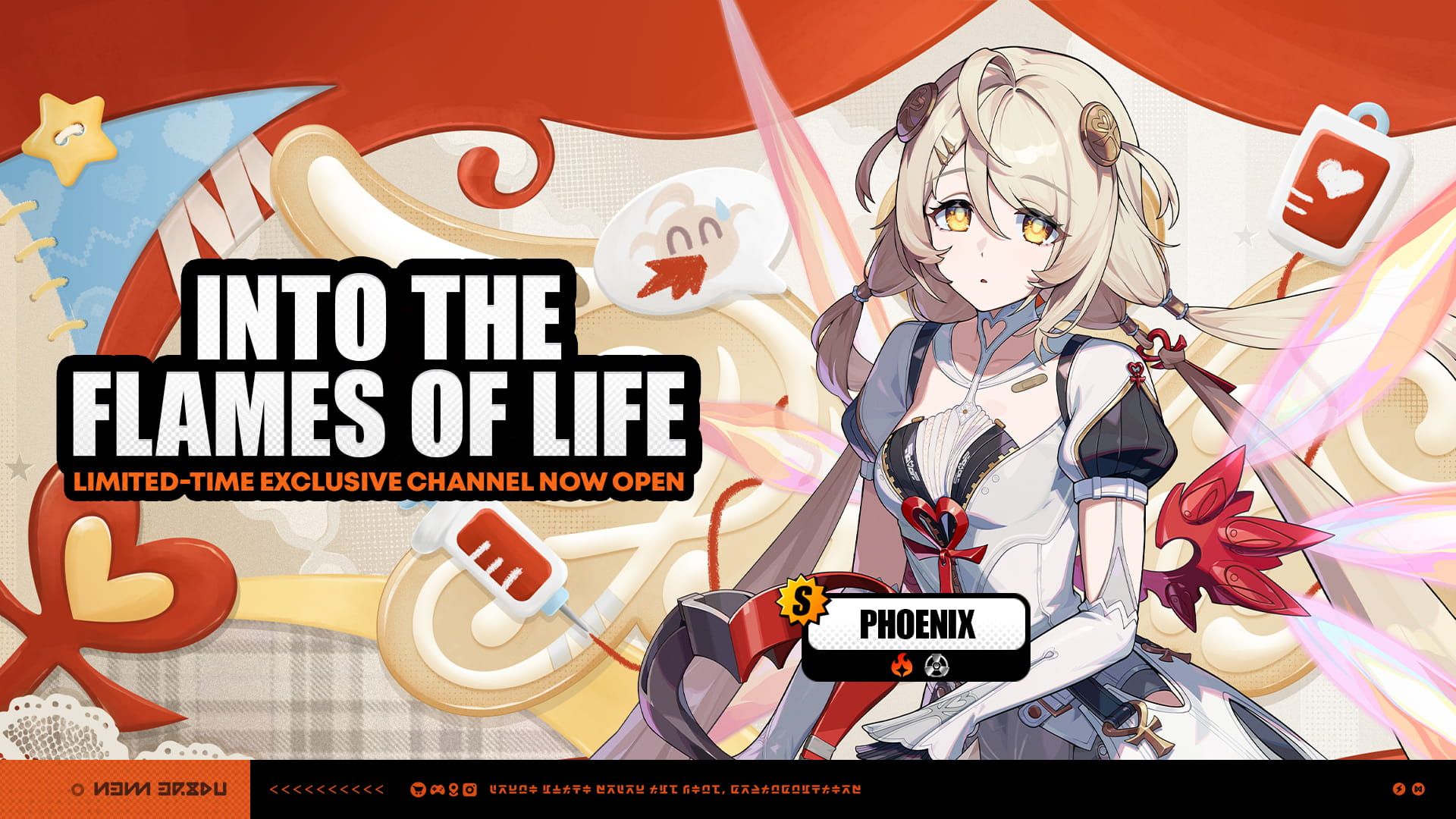 Zenless Zone Zero: key art for the "Into the Flames of Life" Signal Search, showing the S-Rank Agent Phoenix against a red and cream stage backdrop.
