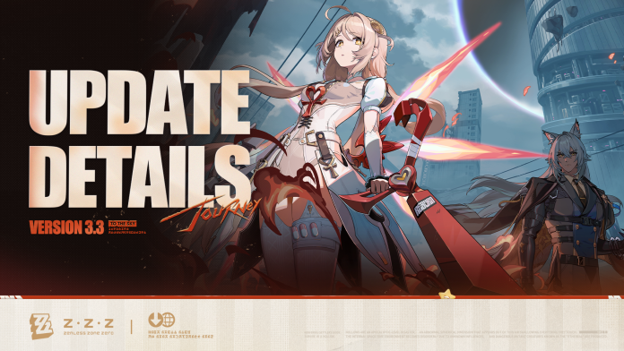 Zenless Zone Zero: version 3.3 "Journey to the Sky" key art, with the Agent Phoenix holding a red sword with fiery wings and a second Agent at the right, beneath a dark ring in the sky.