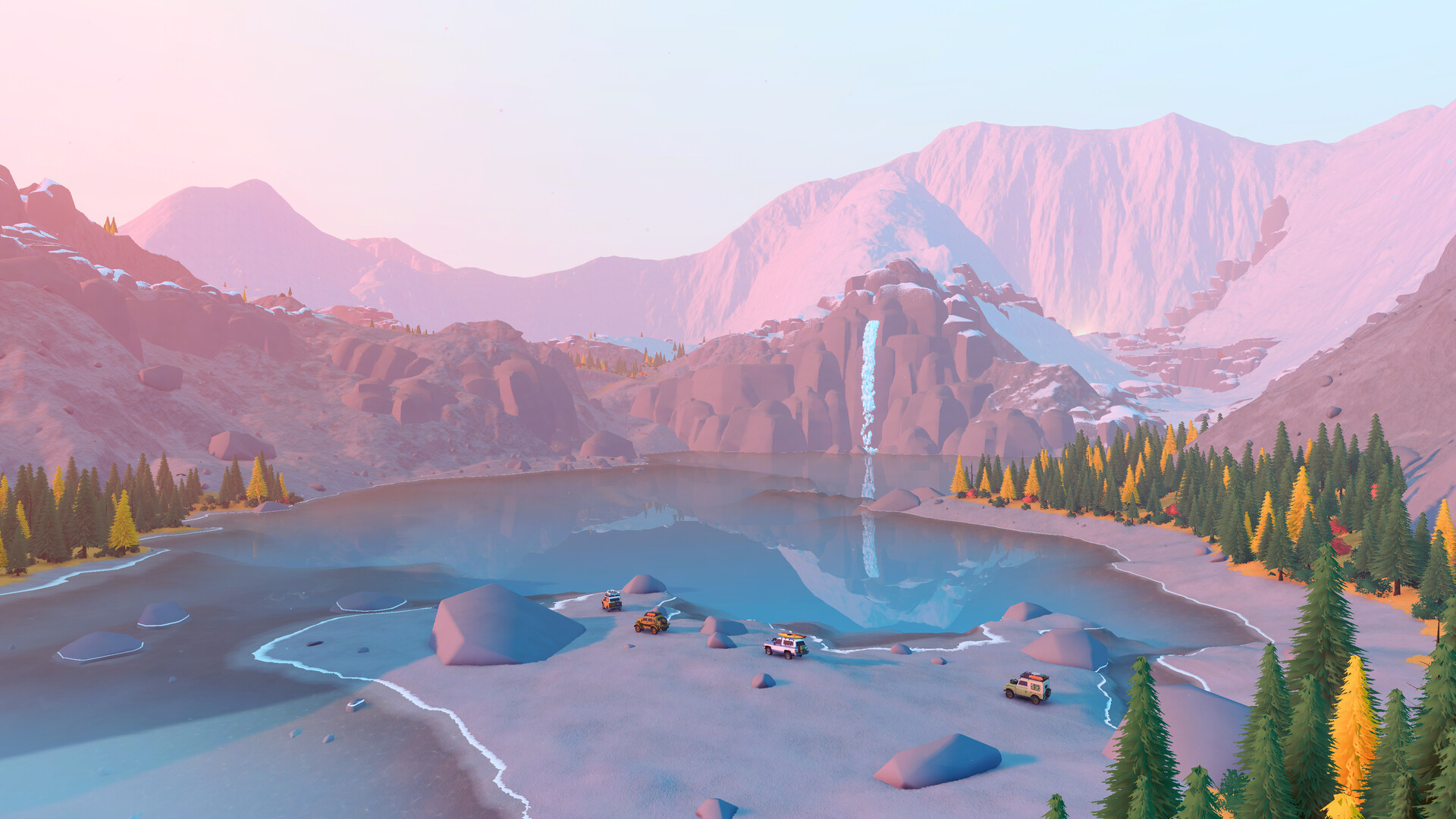 over the hill: a mountain lake with small vehicles parked on its shore.