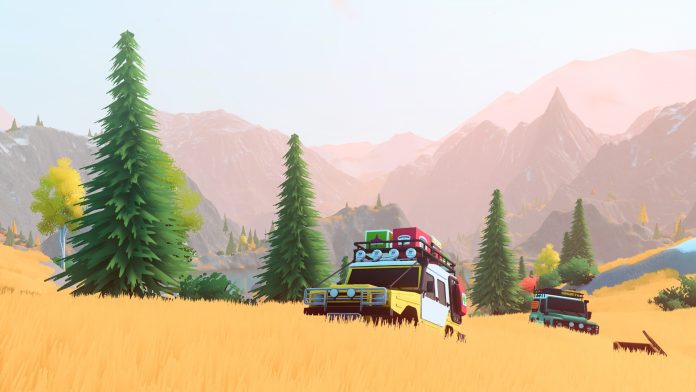 over the hill screenshot, a loaded 4x4 in a golden valley. Image: Funselektor Labs A yellow 4x4 loaded with luggage on its roof driving through golden grass towards pine trees and mountains in over the hill