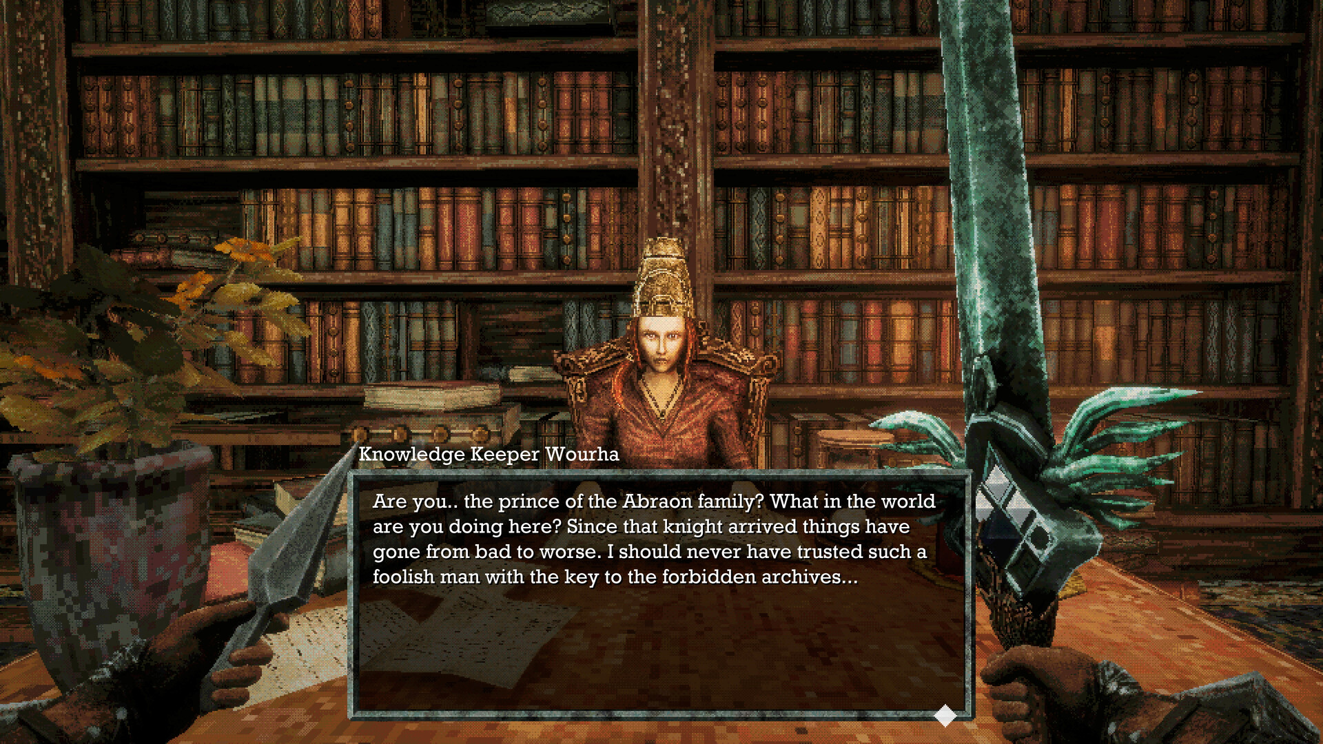 A first-person view of a library where a robed Knowledge Keeper speaks to the player, sword in hand, in Queen's Domain