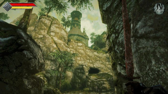 Queens Domain overgrown ruins screenshot. Image Freshly Baked Games A moss-covered stone ruin and tower rise out of a jungle canyon in Queen's Domain